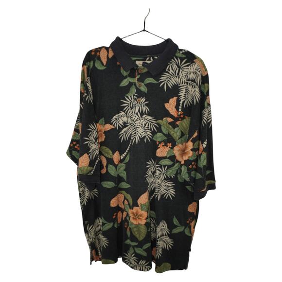 Tommy Bahama XL Silk Cotton Blend Polo Shirt Black Tropical Floral Palm Tree - Picture 1 of 6